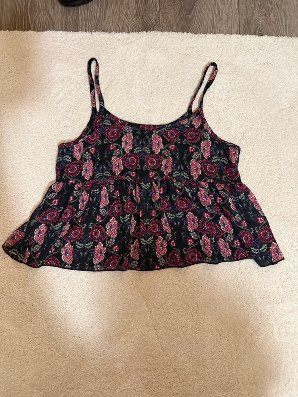 Rainbow Black Spaghetti-Strap Floral Peplum Cami